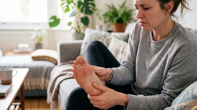 A woman sits on a couch at home while massaging her foot. She looks focused and is trying to ease the pain in her foot. The living room has plants and a cup on a table
