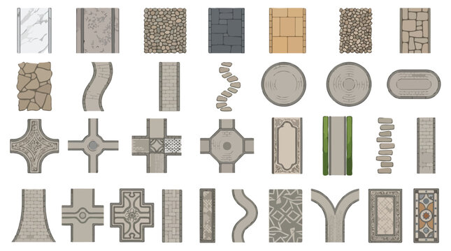 Garden path paving stones and walkway tiles set, 28 landscape architecture vector elements, stone pavement top view for park design