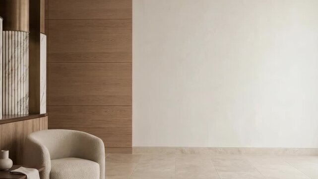 A room is shown with light colors and wood. There is a chair and a table with a small item. The walls are bare and there is plenty of light