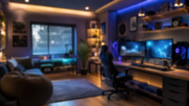 modern gaming room interior blurred abstract background with neon led rgb lights workstation dual monitors computer desk and gaming chair