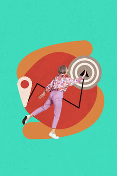 Vertical sketch 3d collage poster of happy old businesswoman stand arrow pointer goal achievement target development geolocation