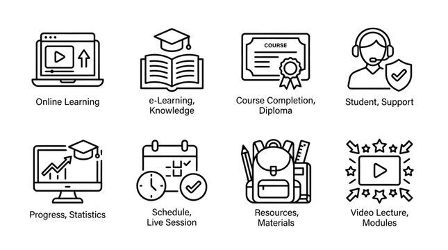 Online learning icons set, e-learning and education vector symbols, course completion diploma and student support line art, 8 digital school icons