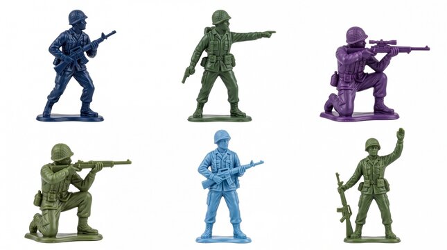 Six colorful plastic toy soldiers in various combat poses displayed isolated on white background