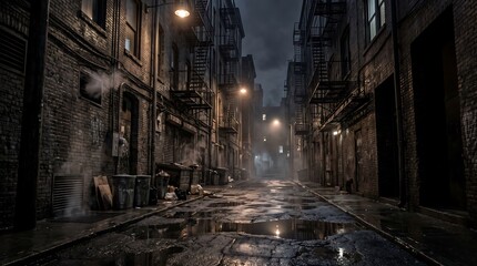 Moody dark alleyway with wet cobblestone street at night in a city, architecture © LiponFX