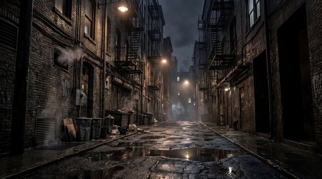 Moody dark alleyway with wet cobblestone street at night in a city, architecture