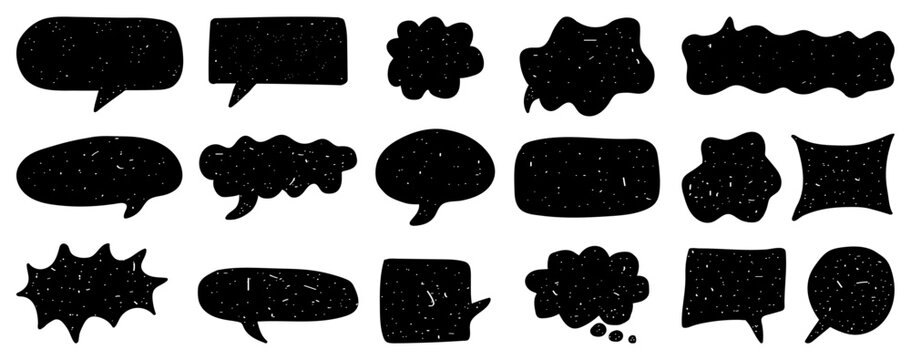 Collection of black speech bubble silhouettes with distressed grunge texture. Black distressed speech bubble silhouettes collection. Retro grunge comic chat shapes. Vector illustration.