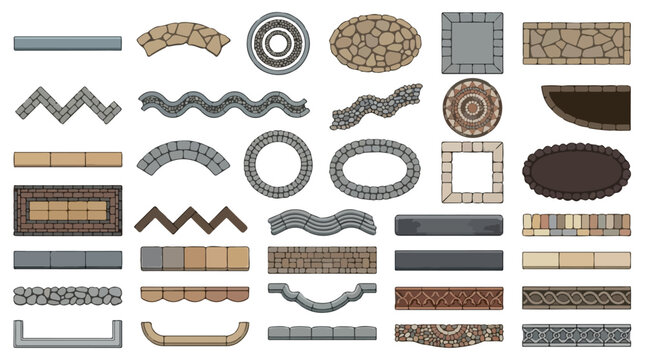 Stone walkway paving patterns and garden path tiles, top view landscape design elements, 30 vector paving stone textures for backyard architecture
