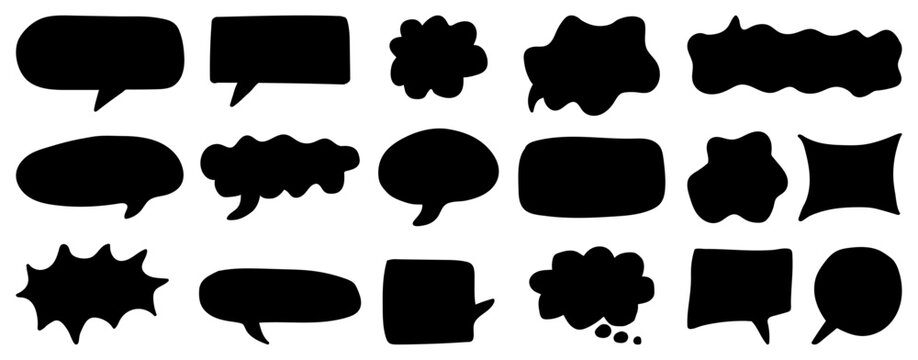 Collection of black speech bubble silhouettes in unique abstract shapes. Black speech bubble silhouettes design. Abstract comic chat box shapes set. Vector illustration.