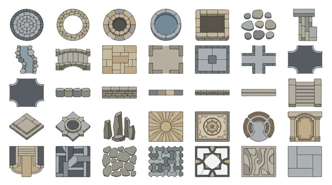 Top down stone floor tiles and architectural elements vector set, 35 game map assets, medieval pavement and cobblestone textures for level design