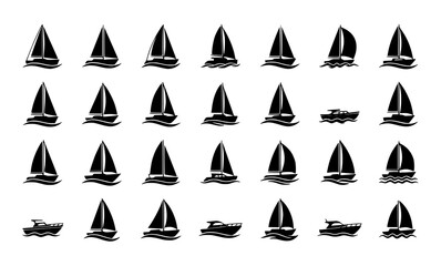 Modern sailboat silhouette icon collection with nautical yacht and sailing vessel symbols isolated on white background for travel branding and marine graphics © Nazir