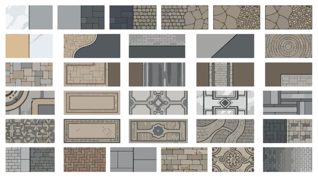Paving stone patterns collection, 30 architectural floor textures, landscape design paving blocks vector set, outdoor patio and walkway tiling swatches