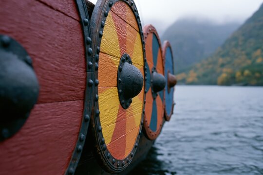 The Viking Shields Alongside a Weathered Boat on a Misty Lake