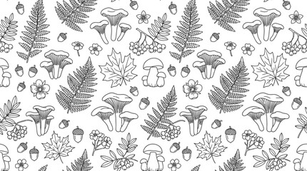 Seamless black and white line art pattern featuring forest elements such as chanterelle and porcini mushrooms, ferns, maple leaves, acorns, berries, and flowers on white background. © Berkah
