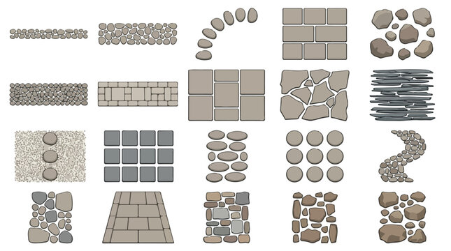 Stone pavement and garden path vector set, 20 landscape masonry elements, grey cobblestone and flagstone textures for architectural planning