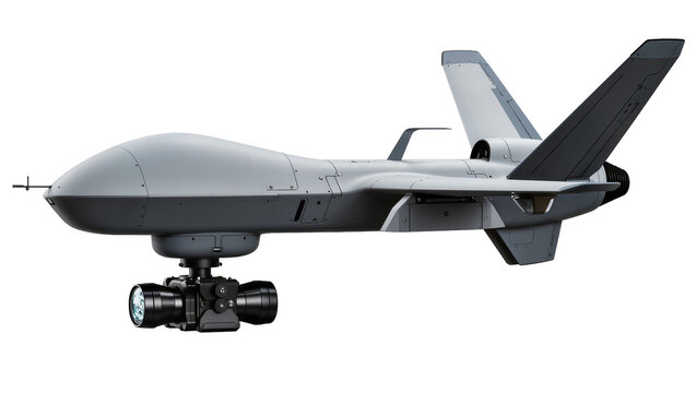 Isolated modern military reconnaissance drone with advanced surveillance camera system underneath