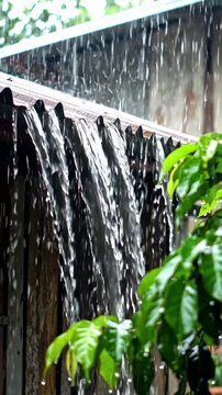 Water cascading down a rustic corrugated metal roof during a heavy downpour, with vibrant green leaves in the foreground