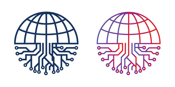 Global digital network icon set globe with circuit board roots representing technology, connectivity and ai