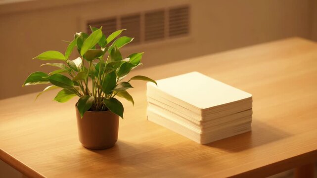 Small potted plant beside stack of white cards on wooden table desk paper office workspace nature