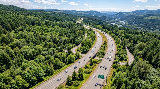 Aerial view of a highway winding through a lush green forest in the pacific northwest, with cars and trucks traveling along the road under a bright blue sky