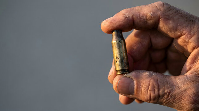 Primer plano de una mano sosteniendo un casquillo de bala gastado, concepto de guerra, conflicto y violencia