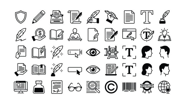 Black and white icons related to writing and publishing on transparent background