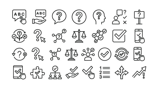 Black line icons for business communication and questions and answers