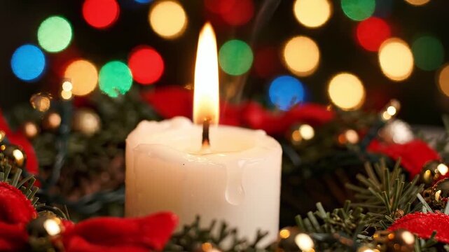 White candle with a steady flame surrounded by festive greenery and red ribbons, illuminated by colorful bokeh lights in the background during a holiday celebration