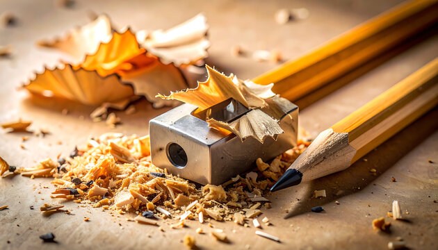 Pencils and pencil sharpener with shavings.