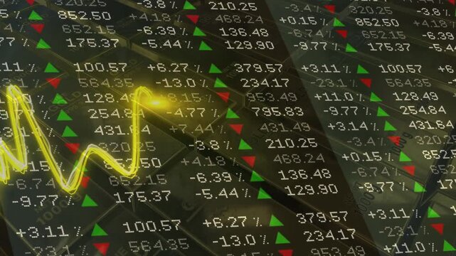 Glowing yellow volatile line graph and digital stock market numbers overlaying stacked gold bars. Depicts commodity trading and financial data analysis.