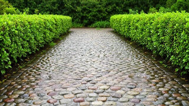 Rainy day on a cobblestone pathway between lush green hedges in a tranquil park rain garden nature walkway wet