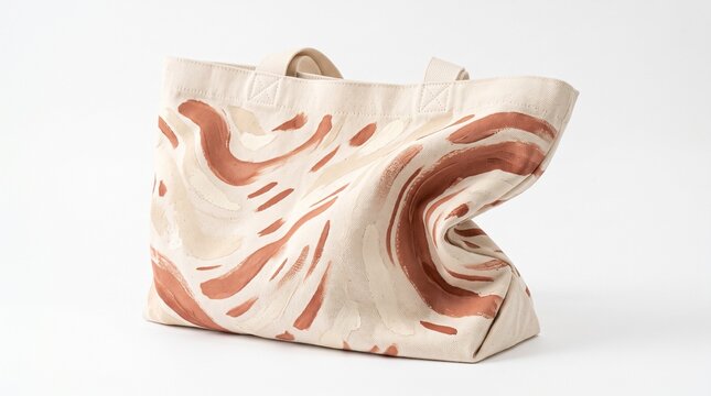 Canvas tote bag with an abstract terracotta swirl print shown slouched