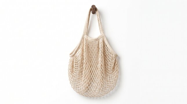 Cream crochet knit mesh tote bag hanging relaxed and slouched on white