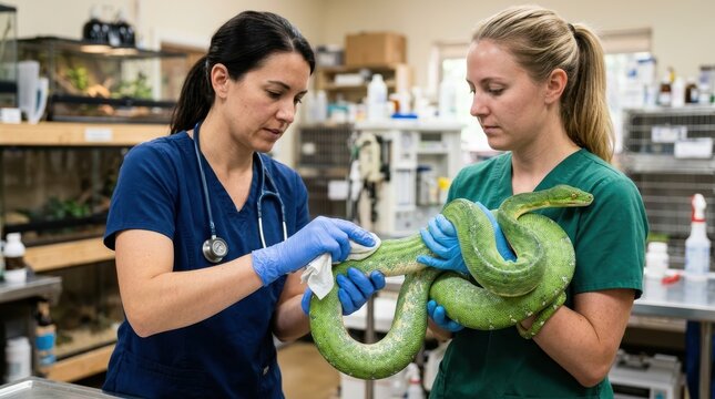 A professional female veterinarian gently cleaning a vibrant green tree python with a soft cloth while carefully supporting the exotic reptile inside a modern veterinary clinic.