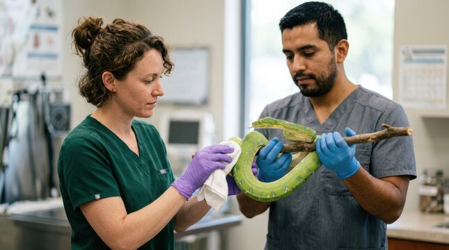 A professional female veterinarian gently cleaning a vibrant green tree python with a soft cloth while carefully supporting the exotic reptile inside a modern veterinary clinic.