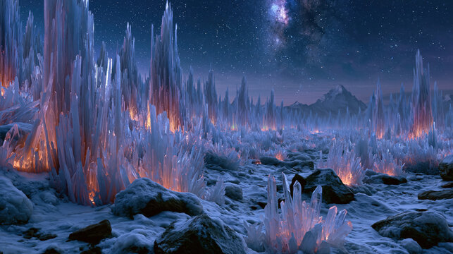 Astronaut exploring mysterious crystal ice alien planet. Alien ice planet landscape with crystal formations and glowing elements under a starry sky and distant mountains