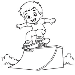 Boy skateboarding on ramp. Young kid performing trick on skateboard . Happy child riding skateboard on ramp with excitement and joy © AshfaqAman