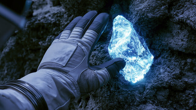 Astronaut exploring mysterious crystal ice alien planet. Astronaut in white space suit reaches out to touch glowing crystal on icy alien planet surface with rocky terrain