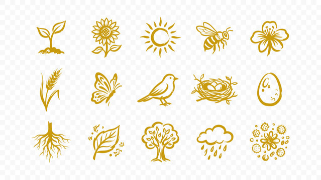 nature spring sprout flower bee butterfly bird nest sun tree botany art doodle handmade ink scribble flat line art vector illustration icon bundle set calligraphy drawing design flora