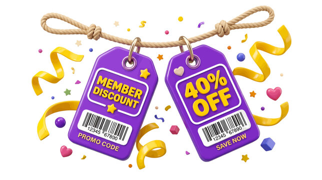 Vector illustration of 3d purple discount tags with 40% off on a transparent background