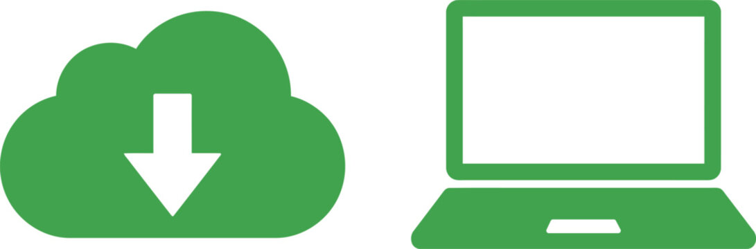 Green cloud download icon next to a laptop icon