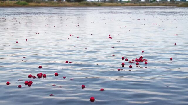 Cranberries floating in flooded bog fields during harvest season on a sunny day water berries fruit farming agriculture