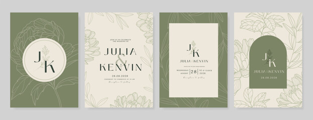 Luxury wedding invitation card vector template. Green background with  line art, flower, leaves branches, foliage. Design illustration for vip cover, poster, rsvp modern card.  © babeer