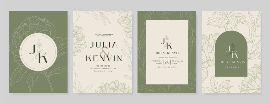 Luxury wedding invitation card vector template. Green background with  line art, flower, leaves branches, foliage. Design illustration for vip cover, poster, rsvp modern card. 