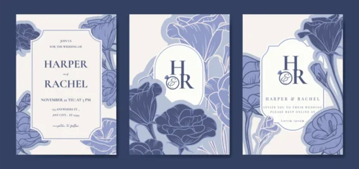 Luxury wedding invitation card vector template. Blue background with  line art, flower, leaves branches, foliage. Design illustration for vip cover, poster, rsvp modern card.  © babeer
