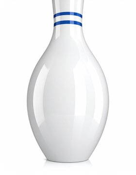 A single, sleek white bowling pin with two bright blue bands near the top