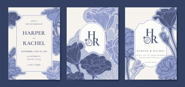 Luxury wedding invitation card vector template. Blue background with  line art, flower, leaves branches, foliage. Design illustration for vip cover, poster, rsvp modern card. 