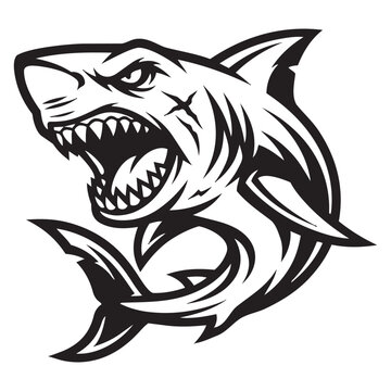 Aggressive shark mascot logo design with sharp teeth in a bold black and white vector style