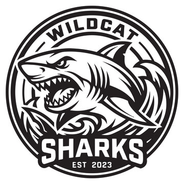 Wildcat sharks sports team mascot logo design with a fierce shark in a circular frame badge