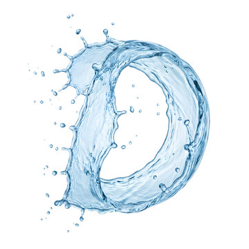 Capital letter D formed by dynamic splashing water waves isolated on a clean white background