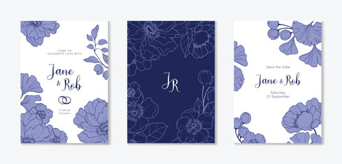 Obraz premium Luxury wedding invitation card vector template. Blue background with line art, flower, leaves branches, foliage. Design illustration for vip cover, poster, rsvp modern card. 